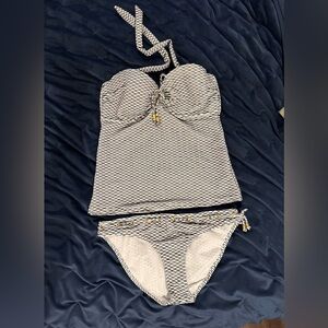 Jessica Simpson Black and White Striped Tankini Swimsuit Set